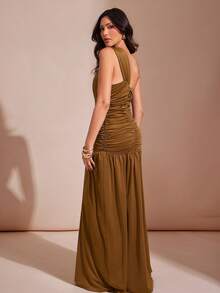 L'Amorae Váy Maxi Dệt Kim Khoét Hở Một Bên Vai Cho Nữ, Trang Phục Dự Tiệc Cưới Dịu Dàng Cho Buổi Tối - Màu vàng - Xem 2