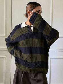 DAZY Pull ample à col châle, rayures bicolores, manches longues, style décontracté pour femmes. Automne/Hiver - Vert - Voir 6