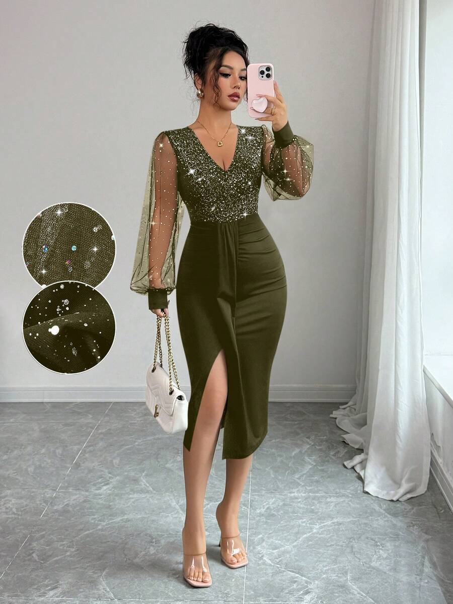 Elenzga Women's Sequin Mesh Patchwork V-Neck Glitter Party Dress - Olive Green - View 1