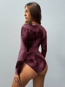 Siren Gaze Damen Lässig Mode Plissee Mesh Blume Muster Bodysuit für den Sommer - Rot-violett - Übersicht 2