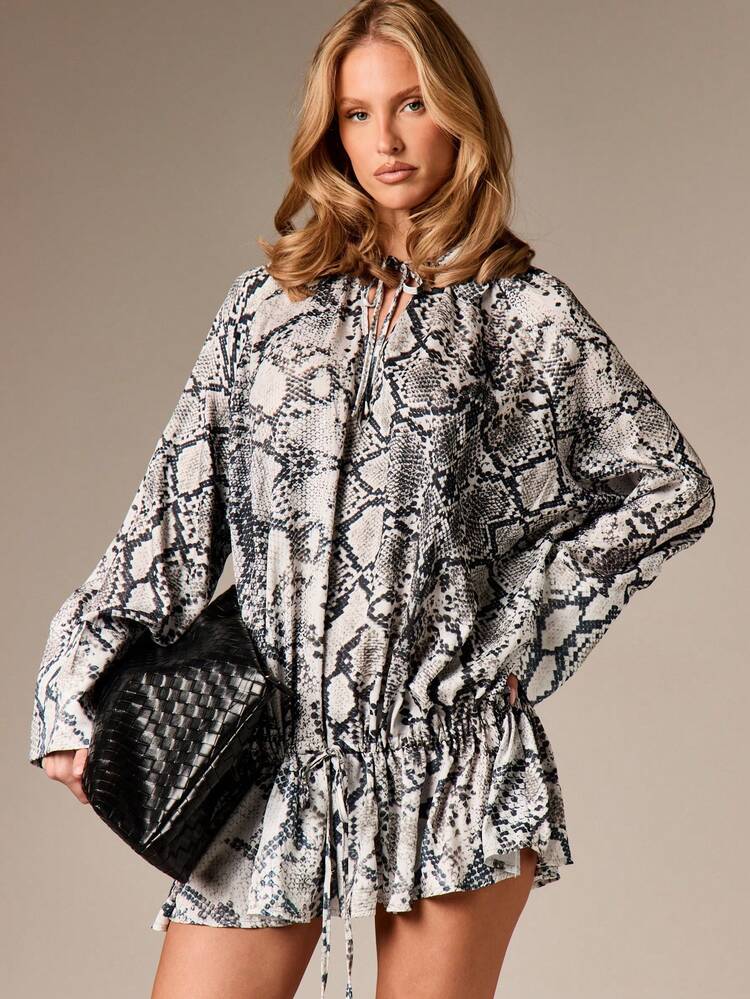 AiiRZ Snake Print Long Sleeve Mini Dress With Tie Detail High Neck Ruffle Hem Fall Winter