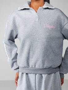 Missguided x Playboy Logo Heathered Sweatshirt With Lace Trim And Centre Pocket Pullover Top - Grey - View 5