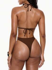 Oceva 夏季海灘假珍珠點綴三角胸罩和泳裝底部比基尼套裝泳衣 - 咖啡棕 - 查看 2