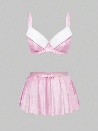 Kawaii Plus Size Cute Plush Padded Bra & Tulle Skirt Fluffy Sweater Set, Sweet Pink