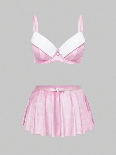 Kawaii Conjunto de suéter esponjoso, sostén acolchado lindo de talla grande y falda de tul, rosa dulce
