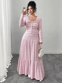 Elenzga 2pcs/Set Plus Size Women Textured Fabric Casual Vacation Style Long Sleeve Square Neck Collar Button Up Top And Maxi Skirt - Pink - View 6