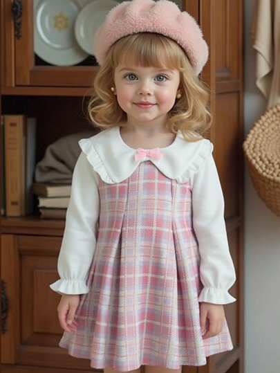 SHEIN 女婴荷叶边领结泡泡袖褶皱连衣裙，优雅可爱，适合日常、通勤、休闲穿着