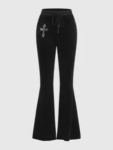 ROMWE Goth Baddie Casual Y2K Rhinestone Cross Front Zipper Hoodie & Flare Pants Set With Tie Bowknot & Velvet Fabric, Stretchy Knitted In Solid Black, Women