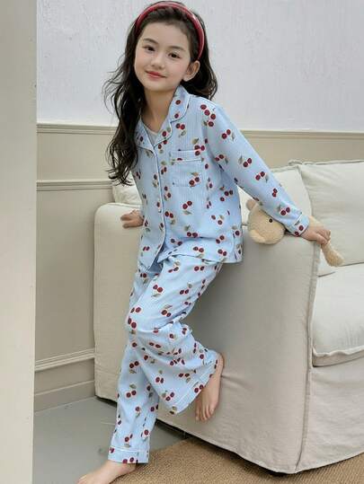 2 st flickor casual körsbärsrandigt tryck med knappar framtill och bekvämt loungewear-set