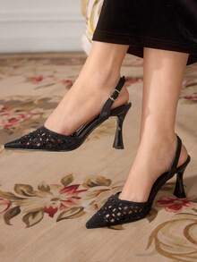 CUCCOO TILAWA Elegant Solid Color Pointed Toe Hollow Out Rhinestone High Heel Sandals - Black - View 1