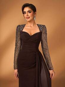 Serin Elegant Luxurious Diamond Design Sheer Long Sleeve Ruched Mermaid Dress, Suitable For Weddings, Parties, Vacations, Bridal, Mother Of The Bride, Evening Gowns