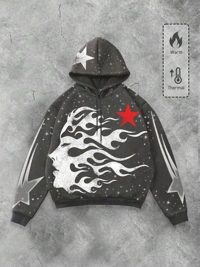 Street Life Men's Hooded Drawstring Long Sleeve Casual Creative Portrait Graphic Sweatshirt , Fall Winter