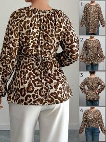 Elenzga Plus Size Women Leopard Print Wrap Elegant Shirt, Autumn/Winter - Multicolor - View 2
