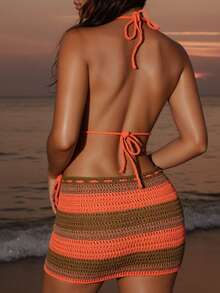 Swim SXY Ensemble de 2 pièces couvre-tout femme ras-du-cou BOHO Crazy dégradé Rouge Floral - Multicolore - Voir 2