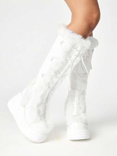 Women's Round Toe Punk Lace-Up Side Zipper Platform Thick Sole Boots With Fur Lining, Outdoor Fashion Over-The-Knee Boots, Autumn/Winter New Arrival