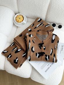SHEIN 2pcs Girls Leopard Jacquard Knit Cardigan And Wide Leg Pants Set,Handmade Bow Decor,Warm Soft Casual Outfit,Brown Checkered,Autumn,Cute,School,Back-To-School - Camel - View 3