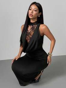 SHEIN PETITE 优雅黑色蕾丝高领修身连衣裙，适合春夏正式场合，也可作为婚礼宾客礼服 - 黑色 - 查看 8