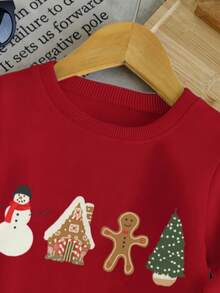年轻女孩圣诞树图案圆领长袖休闲运动衫，秋冬 - 紅色 - 查看 4
