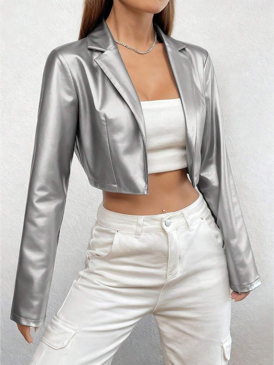 SHEIN Unity 女士银色翻领长袖短款外套