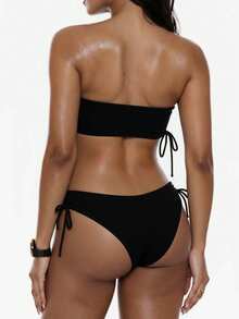 Swim Basics Women's Solid Color Bandeau Side Drawstring Sexy Bikini Swimsuit Set, Summer Beach - Black - View 2