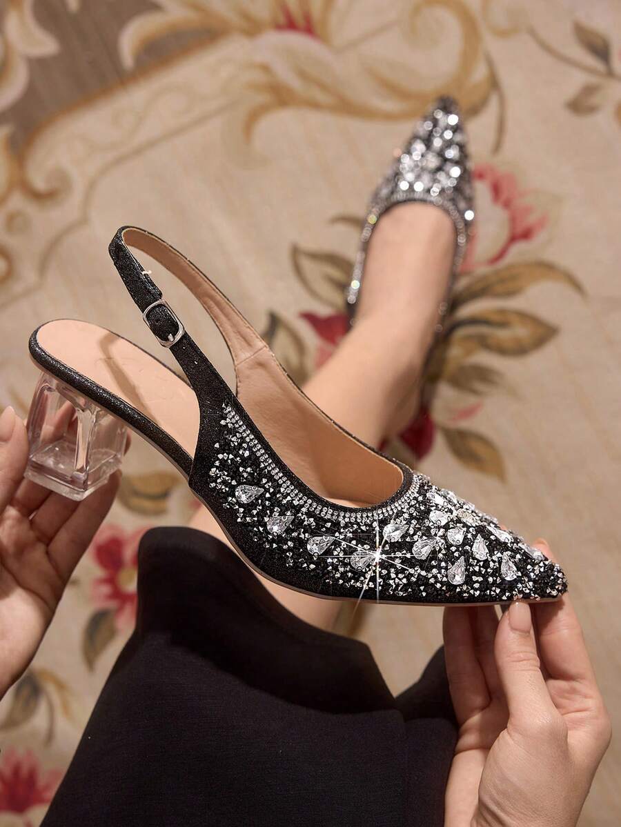 CUCCOO TILAWA Women's Crystal Heel Rhinestone Mesh Pointed Toe Slip-On Pumps, Suitable For Outings, Banquets, Parties And Other Events - Black - View 1