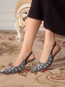 CUCCOO TILAWA Women's Crystal Heel Rhinestone Mesh Pointed Toe Slip-On Pumps, Suitable For Outings, Banquets, Parties And Other Events - Black - View 3