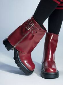 Sugerpunk Women's Thick Sole Buckle Design Chunky Heel Glossy Fashion Boots - Burgundy - View 3