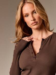 AiiRZ Ribbed Button Front Long Sleeve Top And Legging Pajama Lounge Set For Women Comfort Sleepwear - Coffee Brown - View 6