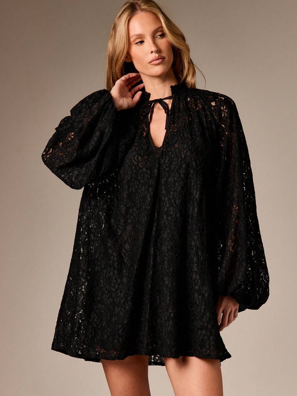 lace balloon sleeve dress Sweet Full Lace Balloon Sleeve Mini Dress White M
