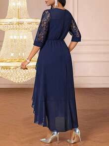 SHEIN Lady 女士优雅荷叶边蕾丝拼接长裙 - 藏蓝色 - 查看 2