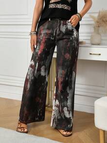 SHEIN LUNE Women's Fashionable Pocket Printed Straight-Leg Jeans Palazzo Pants Women Wide Leg Pants Boho Pants Pallazo Pants Women Silk Pants - Multicolor - View 4