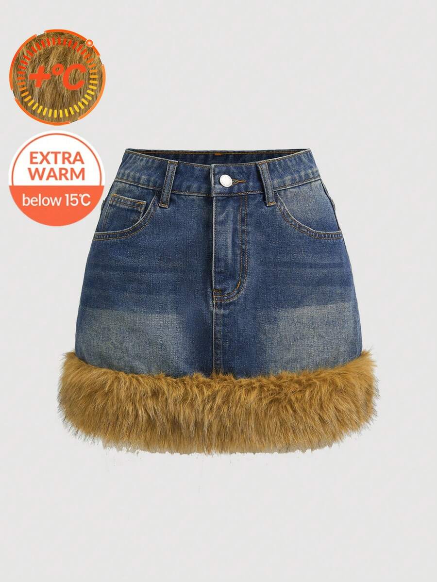 SHEIN MOD Women's Fashionable Vintage Fuzzy Patchwork Denim Mini Skirt Winter Skirt Women Christmas Skirt New Year Skirt Party Skirt For Women Chic Skirt For Women Thermal Lined Warm Denim Skirt