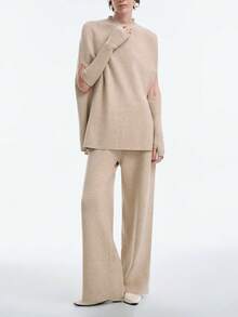 SHEIN Stylify 3 Pieces Set: High Neck Batwing Poncho Sweater + Fingerless Sleeve Cuffs + Straight Leg Elastic Waist Pants, Fashionable High-End Autumn/Winter Outfit