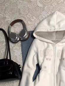 INAWLY Women's Letter Graphic Long Sleeve Zip-Up Hooded Sweatshirt, Casual & Thermal Lined, Autumn/Winter - White - View 5