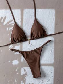 Swim Vcay Springbreak Women's Solid Color Halter Metal Pendant Swimwear Sexy Thong Bikini Set - Coffee Brown - View 3