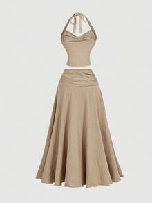 SHEIN MOD 2件套 女士提花吊带上衣和裙子 - 咖啡棕 - 查看 2