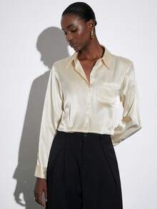 Aveloria Modichic Camisa de manga larga elegante y elástica de satén básico color champán con un bolsillo - Champán - Ver 4