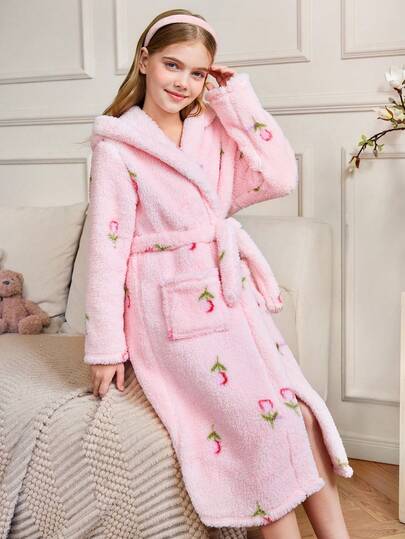 Snug Zone 女童时尚休闲粉色碎花抓绒睡袍，可爱舒适，居家穿着，冬季必备