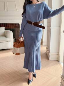 DAZY Women's Elegant Solid Color Sweater & A-Line Skirt 2 Pieces Set, Autumn - Blue - View 4