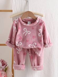 Genkimix Kids 2pcs Baby Girls' Casual Bow & Heart Print Fleece Long Sleeve Top And Pants Pajama Set, Pink Soft Baby Girl Pajamas Fall Winter - Dusty Pink - View 3
