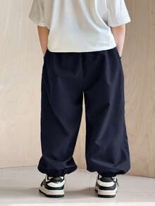 SHEIN 1pc Young Boys' Casual Korean Style Pocketed Drawstring Waist Soft & Comfortable Relaxed Fit Pants, Versatile For Daily Wear, School, Outings, Sports, Spring & Autumn Burgundy Boho Goth Y2k Rave Vacation Holiday Festival Christmas Fall Winter Thanksgiving Winter Clothes Vintage Casual Cozy - Navy Blue - View 4