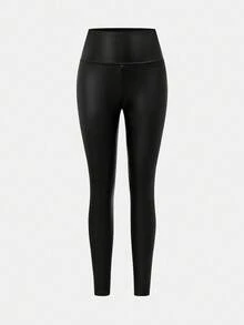 SHEIN Tween Girls' Casual Knit PU Solid Black Color High Waist Leggings Autumn Winter Outfits Black Outfits - Black - View 7