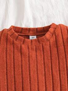 1pc Girls Crew Neck Long Sleeve Ribbed Knit Patchwork Floral Hem Dress, Sweet & Ladylike, Autumn Fall Winter - Brown - View 3