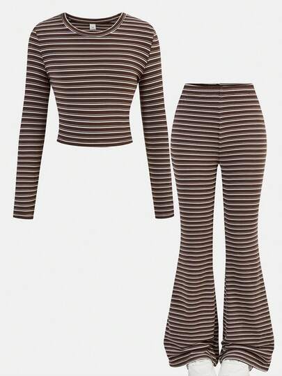Glowzi Tween Girls Casual Crew Neck Khaki Brown Striped Tight Top And Flare Pants 2 Pieces Set, Retro Preppy