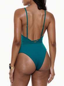 Swim Basics 1pc Solid Color Sexy Spaghetti Strap One-Piece Swimsuit, Vacation & Beach - Cadet Blue - View 2