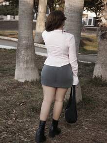 Lupita Cardoza 夏季外出低腰纯色直筒灰色迷你裙 - 深灰色 - 查看 2