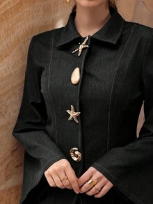 Modelyn 时尚女装套装，优雅金属纽扣装饰长袖蓝色牛仔衬衫和高腰阔腿直筒裤 - 灰色 - 查看 6