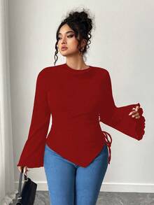 Elenzga 大码优雅纯色纹理喇叭袖不对称下摆T恤，秋季款 - 紅色 - 查看 3