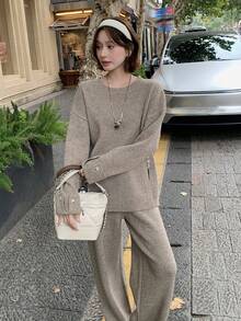 DAZY Women's Solid Color Round Neck Split Hem Casual Long Sleeve Sweater & Pants 2 Pieces Set, Autumn/Winter - Coffee Brown - View 4