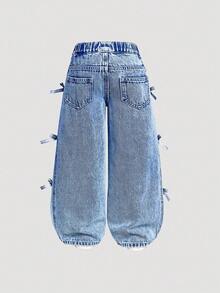 Elladie kids Girls' Fashionable Butterfly Decor Denim Wide Leg Casual Straight Jeans - Medium Wash - View 5